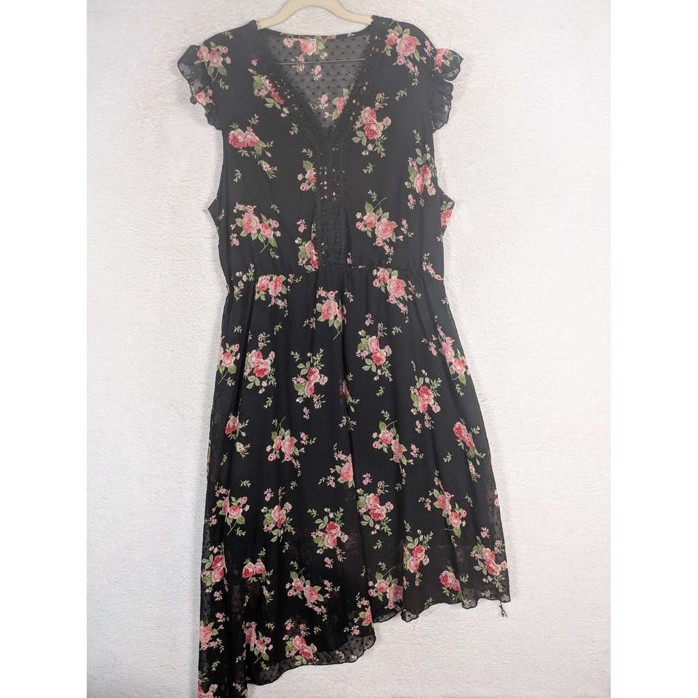 Floral Midi Dress Women's 2XL Black Pink Asymmetrical Crochet V-Neck